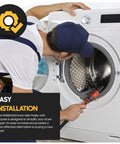 Front view of technician installing upgraded W10837240 dryer idler pulley with bracket in a front-loading dryer.