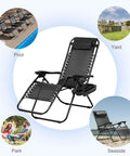 Set Of Two Adjustable Zero Gravity Relaxing Patio Chairs With Steel Mesh Frame Lockable Reclining System Pillow And Cup Holder Outdoor Chill Lounge Chairs For Deck Patio Or Beach Black shown in various outdoor settings.