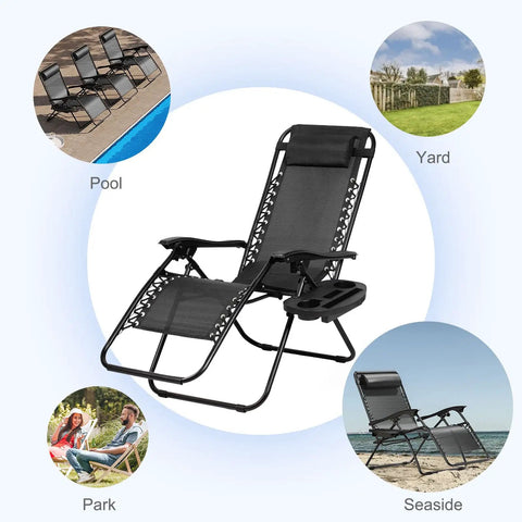 Set Of Two Adjustable Zero Gravity Relaxing Patio Chairs With Steel Mesh Frame Lockable Reclining System Pillow And Cup Holder Outdoor Chill Lounge Chairs For Deck Patio Or Beach Black shown in various outdoor settings.
