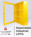 Heavy Duty Lockout Tagout Cabinet Wall Mount LOTO Storage Box Built Like A Tank With Twenty Two Shackle Holders, yellow open cabinet.