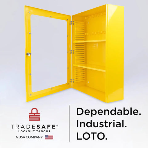 Heavy Duty Lockout Tagout Cabinet Wall Mount LOTO Storage Box Built Like A Tank With Twenty Two Shackle Holders, yellow open cabinet.