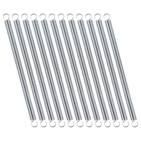 Twelve Pc Heavy Duty Mechanical Compression Springs With Hook Ends For DIY Mods And Home Repairs Made From Fatigue Resistant Spring Steel. Standard view of all twelve springs.