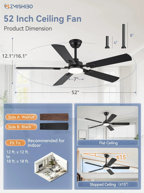 52 Inch Black Ceiling Fan With Lights, Modern Farmhouse Design, showing dimensions and dual finish blades in a room