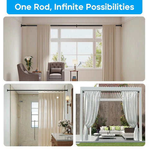 Tension Curtain Rod Black Extra Long 40 To 166 Inch Adjustable No Drilling One Click Extend in living room, bathroom, patio