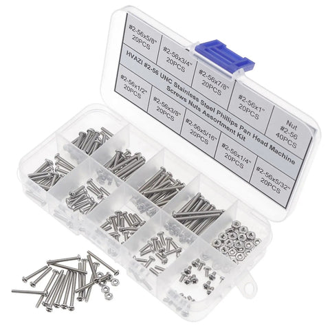 All In One 2 56 UNC Stainless Steel Phillips Pan Head Machine Screws And Nuts Assortment Kit, 220 Piece Set