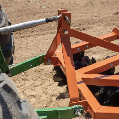 3 Point 6-Foot Notched Disc Harrow Plow Attachment For Cat 1 Tractors With 16-Inch Notched Discs attached to a tractor