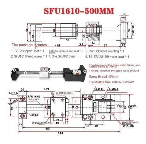 SFU1610 Ball Screw Kit With Integrated Stepper And Servo Motor Housing, Ultra Low Backlash, Smooth Rolling Friction, Bearing Steel Build, Linear Guide Lifting Module For Precision CNC Machines, 500mm