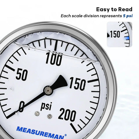Glycerin Filled Plumbing Pressure Gauge 0 To 200 Psi With Four Inch Dial Stainless Steel Case One Quarter Inch NPT Brass Lower Mount Heavy Duty For Pneumatic Tools Water Filtration And Industrial Hydraulics