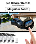 4 Camera Solar Powered Outdoor Wireless Security Kit With No Subscription 5MP Ultra HD 360 Degree Auto Motion Tracking 3K Color Night Vision Magnifier Zoom 5G And 2.4G Router Compatible showing magnified license plate