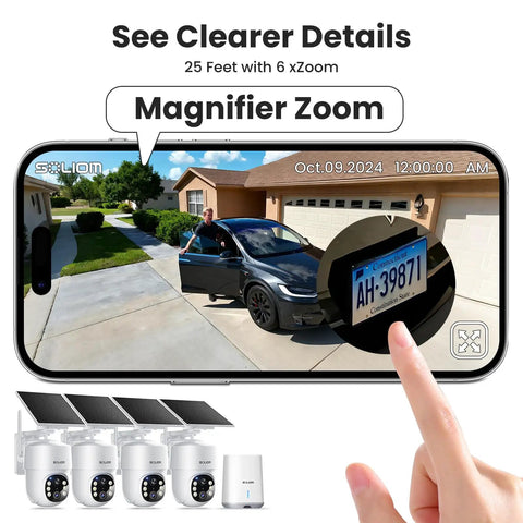 4 Camera Solar Powered Outdoor Wireless Security Kit With No Subscription 5MP Ultra HD 360 Degree Auto Motion Tracking 3K Color Night Vision Magnifier Zoom 5G And 2.4G Router Compatible showing magnified license plate