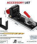 Pro Grade Pocket Hole Jig System With Portable Base shown with accessories; red hand clamp, drill bit, and screws included.