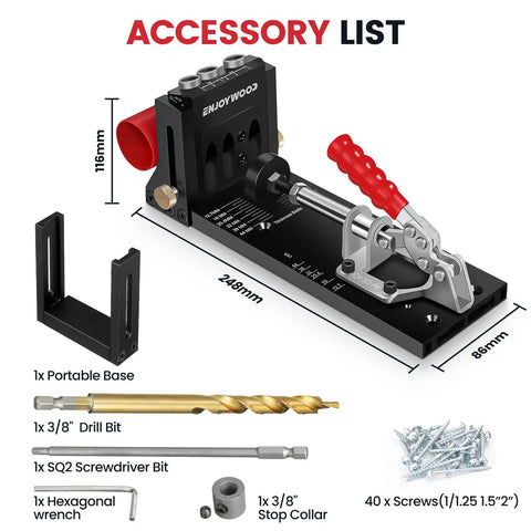 Pro Grade Pocket Hole Jig System With Portable Base shown with accessories; red hand clamp, drill bit, and screws included.