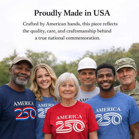 Group of people wearing America 250 shirts, showcasing diversity and pride in American craftsmanship.