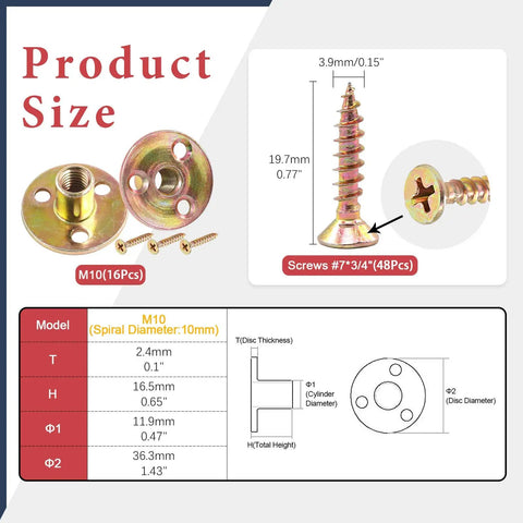 Rock Solid M10 Brad Hole Tee Nuts With Heavy Duty Carbon Steel T Nuts Flange Inserts And Matching Screws For Serious Round Base Mounting Hardware Jobs In A Massive 64 Piece Assortment Kit, size details and components.