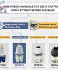 Diagram showing Delta shower cartridge options, including RP46074 for Single Handle 13/14 Series with MultiChoice compatibility.