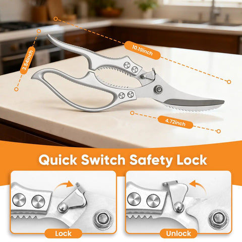 Heavy Duty Kitchen Scissors For Meat And Poultry, All Purpose Kitchen Shears With Serrated Edge For Scaling, Bone And Rib Cutting, Veggie Prep, Safe Lock, Durable, Reliable, Easy To Use, stainless steel with 10.19-inch length