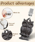 Owl Shaped Cast Iron Tablecloth Weights Set Of Eight with stainless steel clamps, close-up of metal clip and owl design.