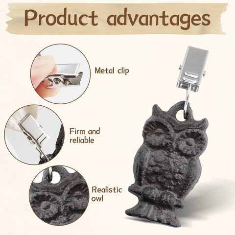 Owl Shaped Cast Iron Tablecloth Weights Set Of Eight with stainless steel clamps, close-up of metal clip and owl design.
