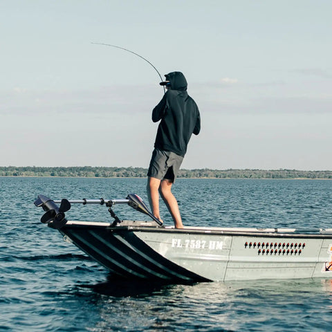 Man fishing on a boat equipped with Trolling Motor Stabilizer Mount For Terrova Riptide Ulterra PowerDrive.