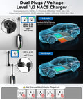 Next Level Nacs Station For Tesla Drivers Featuring Hella Fast Level One And Two Charging With Smart App Control diagram showing dual plugs and voltage options.