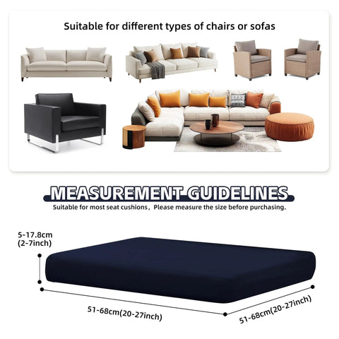 8 Piece Patio Cushion Covers Set For Outdoor Cushions That Stretch To Fit 20 To 27 Inch Cushions Durable Soft Polyester Spandex Material Washable And Reusable Furniture Protectors Navy Blue shown with sofas and measurement guidelines.