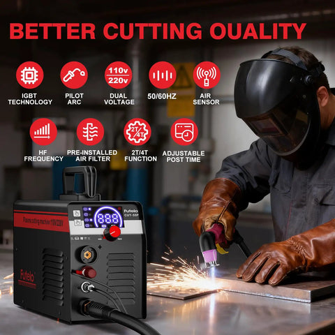 Person using Dual Voltage Plasma Cutter 55A With Non Touch Pilot Arc, IGBT Inverter, Large LED Display for half inch metal cutting