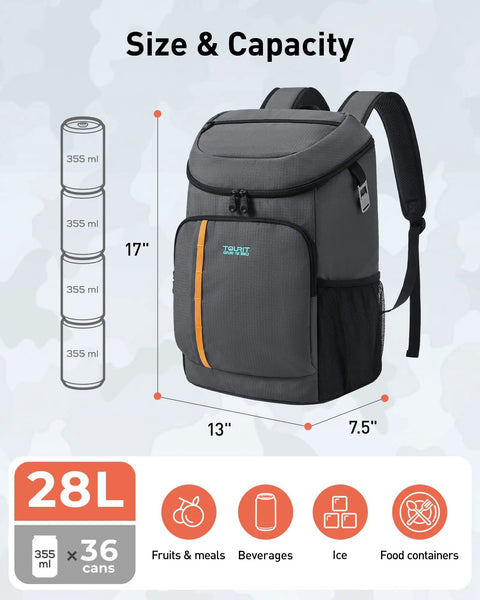 Cooler Backpack For 28 Cans Insulated Leak Proof Lightweight With Size Chart, 13 x 7.5 x 17 inches, for Outdoor Fans.