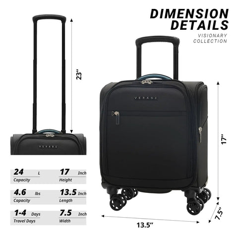 Underseat Carry On Luggage With Wheels 14 Inch Softside Spinner Travel Bag in black with dimensions and 8-wheel detail.