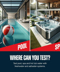 No Sweat Three Way Pool And Spa Water Testing Kit For Fast Chlorine Bromine PH Balance Smooth Home Maintenance For Freshwater And Saltwater Pools Swim Ready Care Made Simple displayed with a pool and spa.