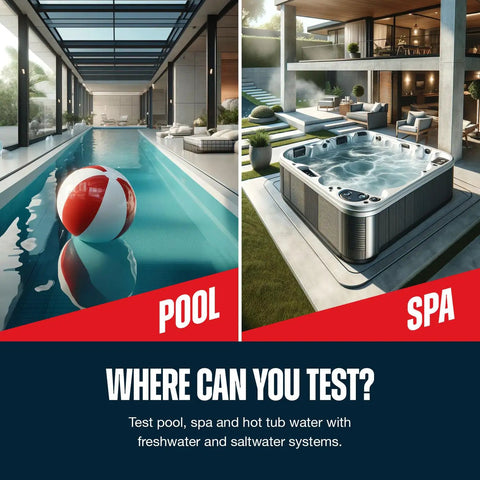 No Sweat Three Way Pool And Spa Water Testing Kit For Fast Chlorine Bromine PH Balance Smooth Home Maintenance For Freshwater And Saltwater Pools Swim Ready Care Made Simple displayed with a pool and spa.