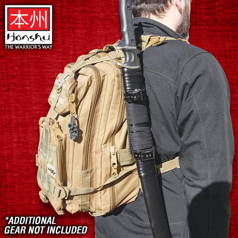 Backpack with Heavy Duty Leather Frog For Swords MOLLE Compatible Carry System built tough for Boshin swords on person's back