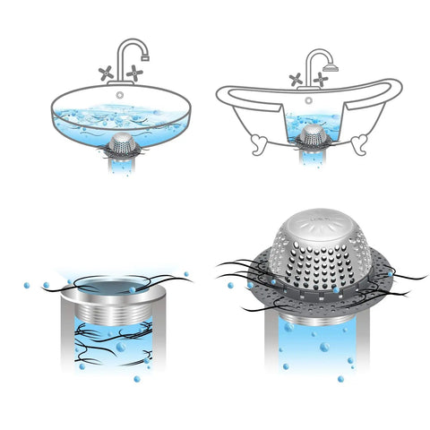 Illustration of Hair Catcher For Tub And Shower Drains, Dome Shaped Drain Protector That Fits Pop Up And Regular Drains, stopping hair.