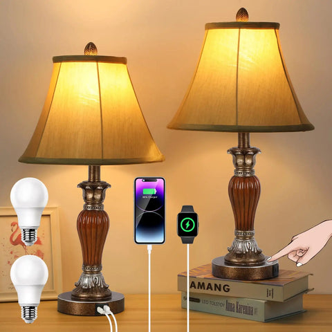 Two Pack Touch Bedside Lamps With USB A And USB C Ports, 3 Way Dimmable Nightstand Lights With Bulbs Included and classic design