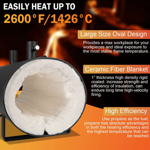 Portable Double Burner Propane Forge With Large Capacity For Blacksmithing Knife Making Tongs Tools And Farrier Work Heats Metals Up To 2600 Degrees Fahrenheit, showcasing large oval design and ceramic fiber blanket
