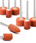 42 Piece Aluminum Oxide Sanding Bit Set With One Eighth Inch Shank For Rotary Tools, shown in various cylindrical and cone shapes.