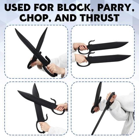 Two Pack Wing Chun Training Swords 18.3 Inch Polypropylene Black Practice Blades With U Shaped Hand Guards, in use for martial arts.
