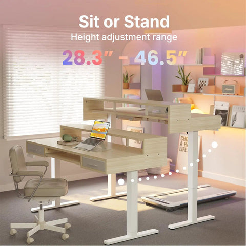 Electric Standing Desk 55 Inch By 26 Inch With 24.4 Inch Large Keyboard Tray And Two Drawers C Clamp Mount Compatible Ergonomic Sit Stand Desk Setup With Four Height Presets Light Walnut Finish in home office