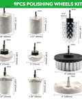 Pro Grade Drill Wheel Buffing Kit With Cloth Polishing Pads And Wheel Brush Quarter Inch Shaft For Aluminum Car And Motorcycle Wheel Rims Manifold Polishing 9 Piece Set components displayed with dimensions