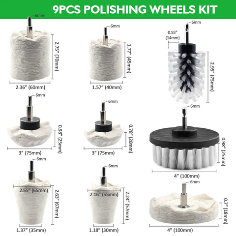 Pro Grade Drill Wheel Buffing Kit With Cloth Polishing Pads And Wheel Brush Quarter Inch Shaft For Aluminum Car And Motorcycle Wheel Rims Manifold Polishing 9 Piece Set components displayed with dimensions