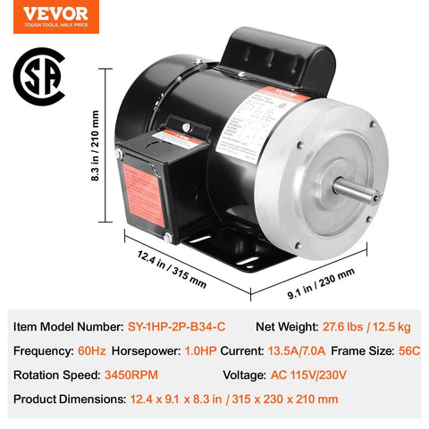 Beefy 1HP Single Phase Electric Motor 3450 RPM 115 And 230 Volt 56C Frame Five Eighth Inch Keyed Shaft Reversible CW CCW