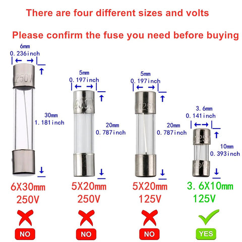 Comparison of glass fuses, highlighting Fast Blow Glass Fuse 5 Amp 125 Volt Pack Of 10 Replacement Fuses 3.6x10 Mm 0.141x0.393 Inch