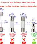 Size comparison of 125V Fast Blow Glass Fuse Kit for Electronics Repair, 3.6x10mm, with other fuses, highlighting correct size.
