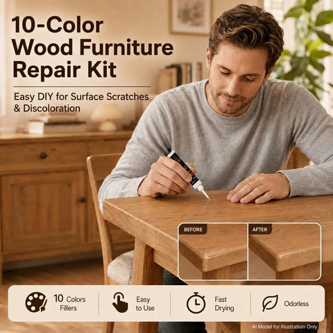 Man using Straight Up Tough Wood Repair Paste With Crack Lock Formula And Easy Glide Blend Sticks For No Stress Furniture Fixing And Lasting Surface Renewal Collection Kit on wooden table.
