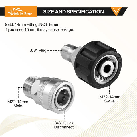 Stainless Steel Pressure Washer Adapter Set Eight Pieces With Quick Connect Fittings For Hoses And Sprayers Durable Corrosion Resistant Easy Snap On Connectors For Fast No Fuss Cleaning Projects Go To Gear, M22-14mm 3/8 quick disconnect