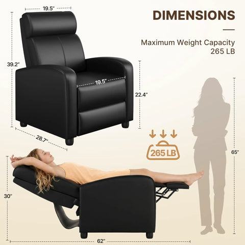 Comfy PU Leather Recliner Chair For Home Theater Seating With Lumbar Support, dimensions and weight capacity illustration