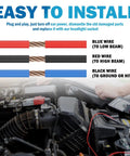 Image showing installation of Rock Solid Ceramic Headlight Wiring Harness Connector Adapter For 9007 9004 Hb1 Hb5 Bulbs with color-coded wires.