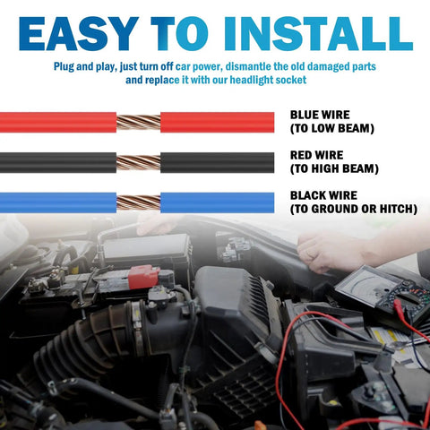 Image showing installation of Rock Solid Ceramic Headlight Wiring Harness Connector Adapter For 9007 9004 Hb1 Hb5 Bulbs with color-coded wires.