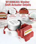 Washer Shift Actuator Replacement WPW10006355 Replaces AP4514409 AP6014711 PS11747977 WPW10006355VP details displayed.