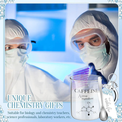 Two scientists in lab gear with Lab Week Chemistry Gift Set Caffeine Beaker Coffee Mug and keychain, gift for professionals.