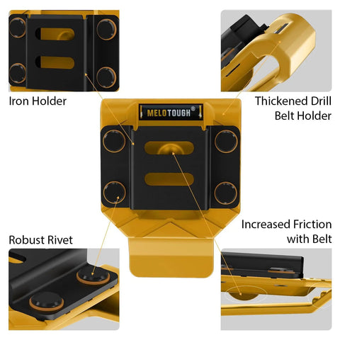 Beefy Drill Belt Clip And Tape Measure Holder For Tool Belts, Universal Clip On Carry for impact drivers, yellow aluminum steel close-up